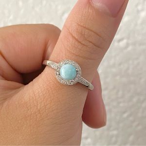 925 Round Natural Larimar with Halo CZ Design Half Eternity Ring